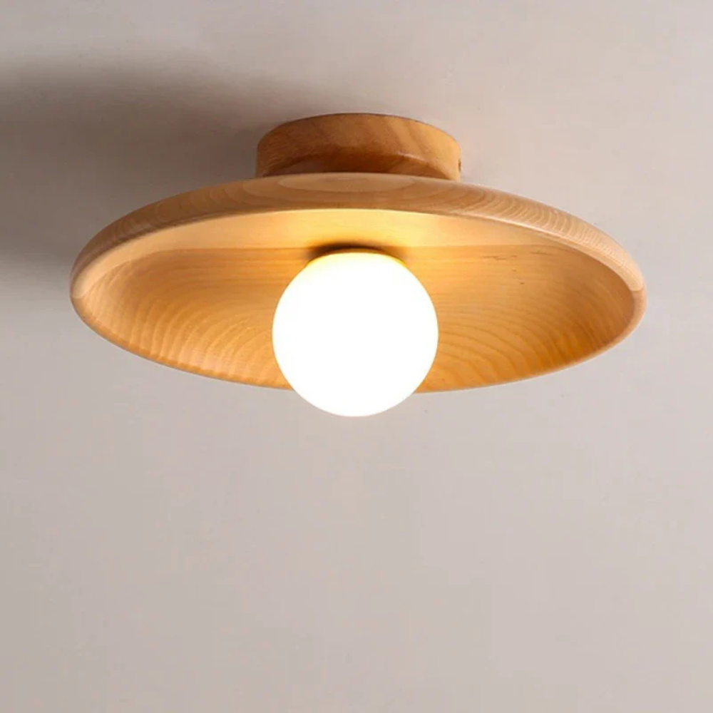 Flush Mount Ceiling Light with Wood Shade - Modern Scandinavian LED