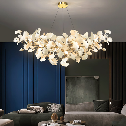Sputnik Chandelier with Ceramic Ginkgo Leaves - Modern Art Deco