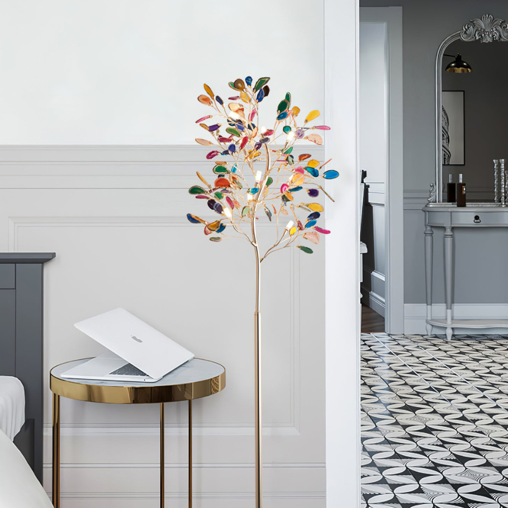 Floor Lamp with Natural Agate Stone Leaves and Metal Branching Frame