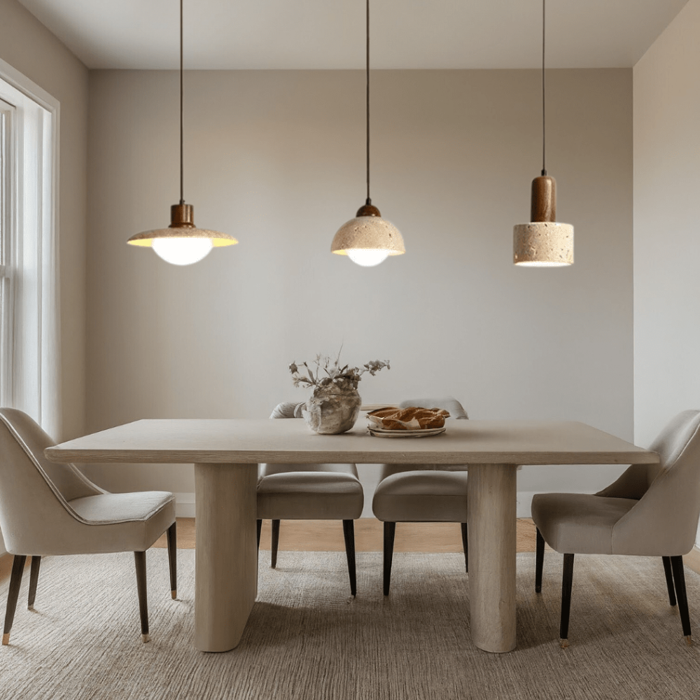 Wabi-Sabi Travertine Style Pendant Light with Solid Wood - Modern Earthy Decor