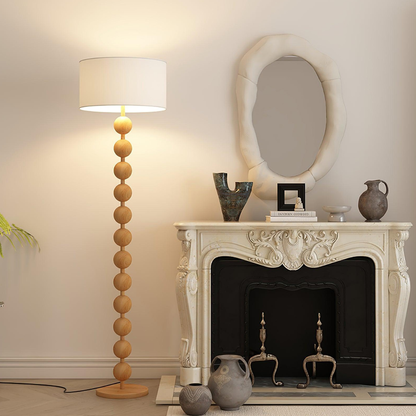 Floor Lamp with Stacked Wooden Spheres and Fabric Drum Shade