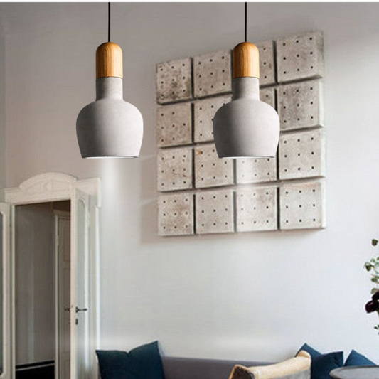 Modern Concrete & Wood Pendant Light - Nordic Industrial Timber Hanging Lamp