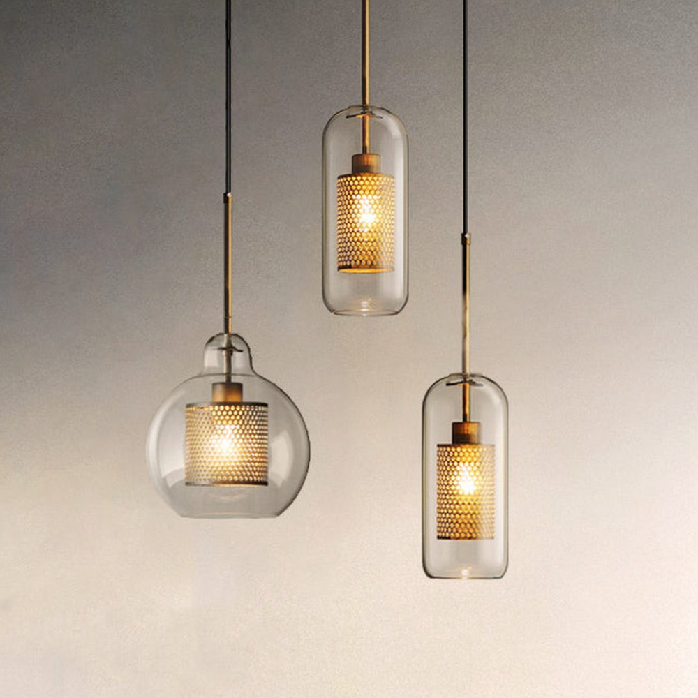 Modern Perforated Metal Glass Pendant - Industrial Layered Mesh Hanging Lamp