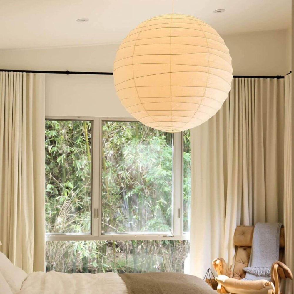 Spherical Ribbed Paper Hanging Fixture - Mid Century Modern Zen Style