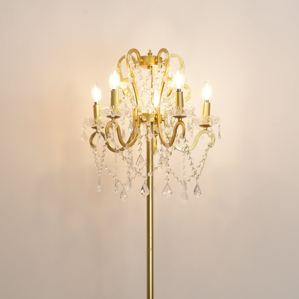Dimmable Floor Lamp with Ornate Iron Scrollwork and Faceted Crystal Strands