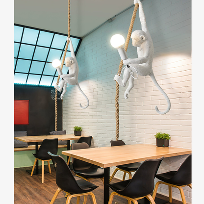 Whimsical Climbing Monkey Rope Pendant - Sculptural Animal Art Hanging Lamp