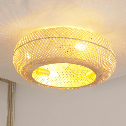 Flush Mount Ceiling Fan Light Woven Bamboo Shade - Coastal Boho Decor