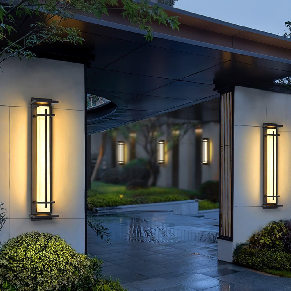 Outdoor LED Porch Lights with Faux Alabaster Column - Modern Mission