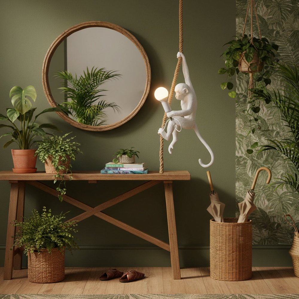 Whimsical Climbing Monkey Rope Pendant - Sculptural Animal Art Hanging Lamp