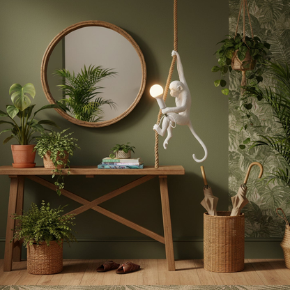 Whimsical Climbing Monkey Rope Pendant - Sculptural Animal Art Hanging Lamp
