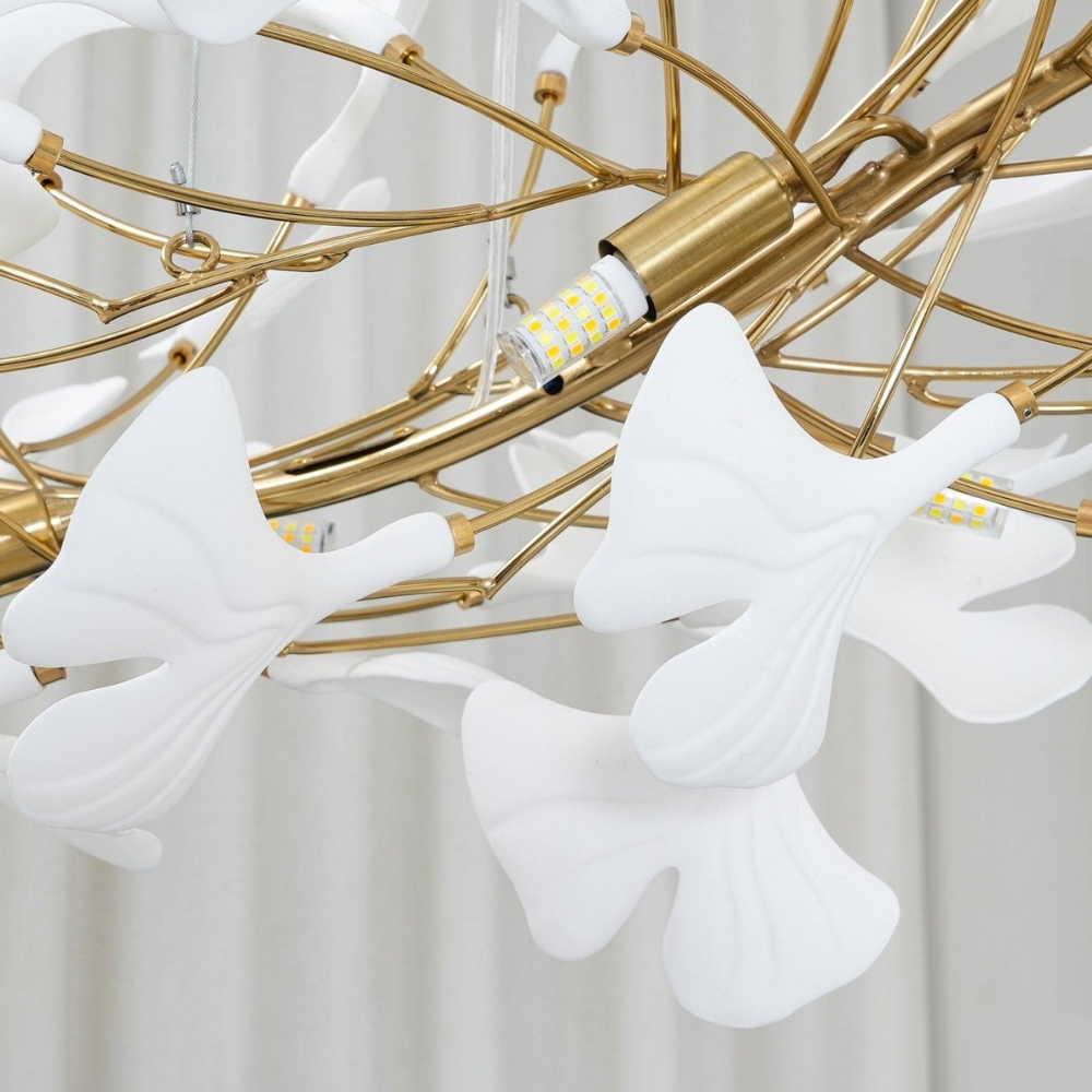Sputnik Chandelier with Ceramic Ginkgo Leaves - Modern Art Deco
