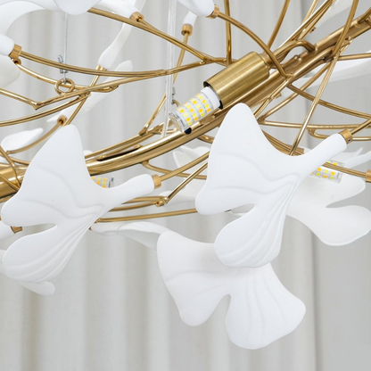 Sputnik Chandelier with Ceramic Ginkgo Leaves - Modern Art Deco