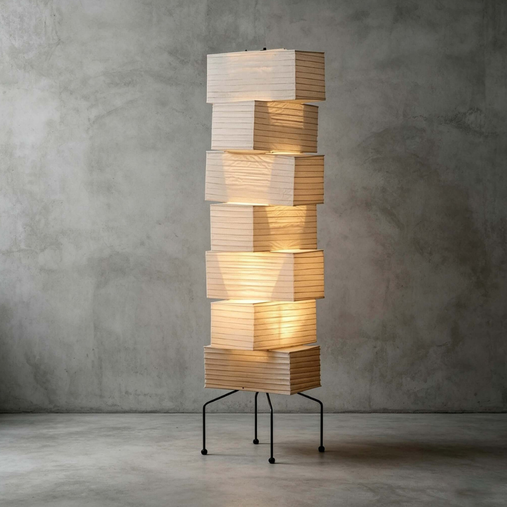 Floor Lamp with Stacked Staggered Rice Paper Lanterns and Metal Hairpin Legs