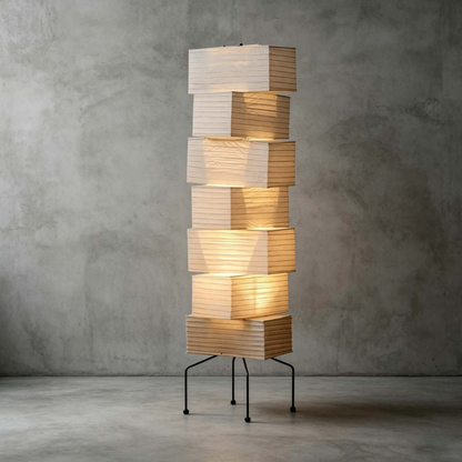 Floor Lamp with Stacked Staggered Rice Paper Lanterns and Metal Hairpin Legs