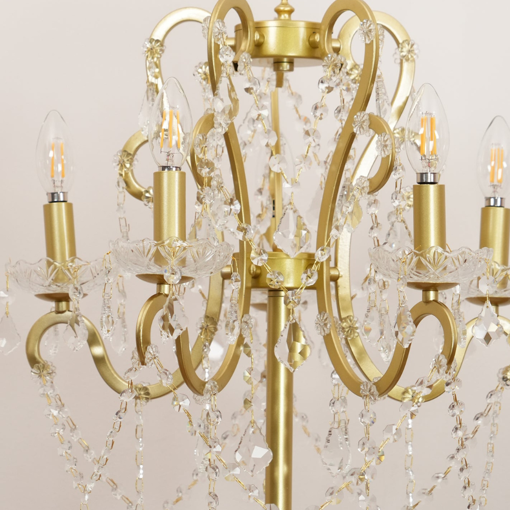 Dimmable Floor Lamp with Ornate Iron Scrollwork and Faceted Crystal Strands