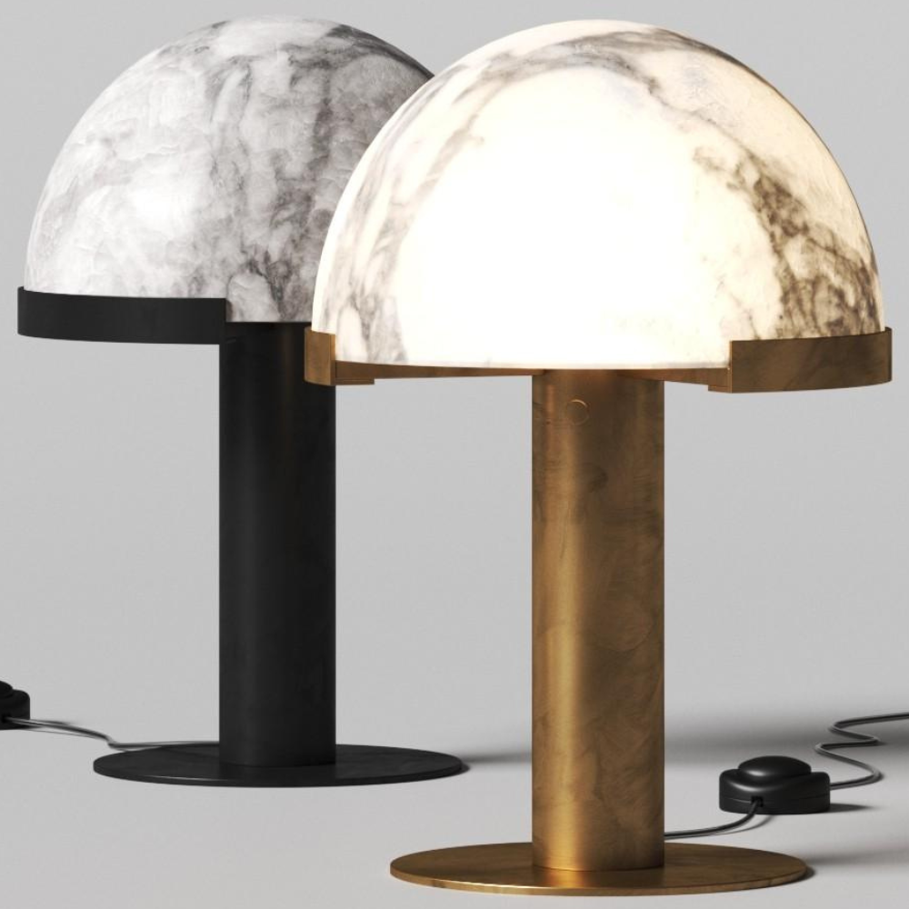 Glass and Alabaster Dome Table Lamp with Metal Base - Mid Century Modern
