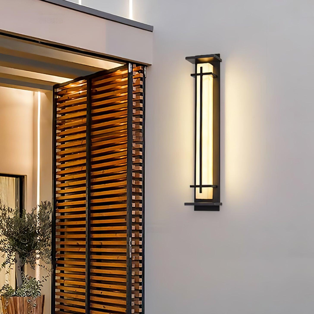 Outdoor LED Porch Lights with Faux Alabaster Column - Modern Mission