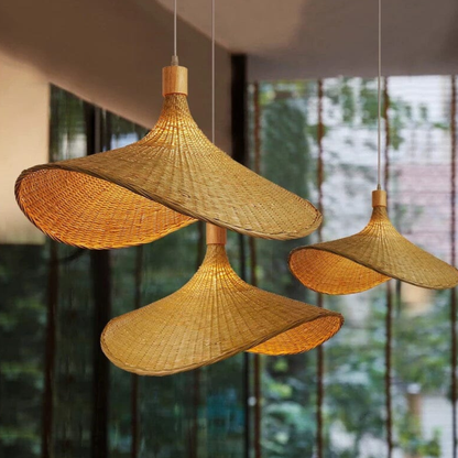 Woven Bamboo Sun Hat Pendant Light - Coastal Boho Decor