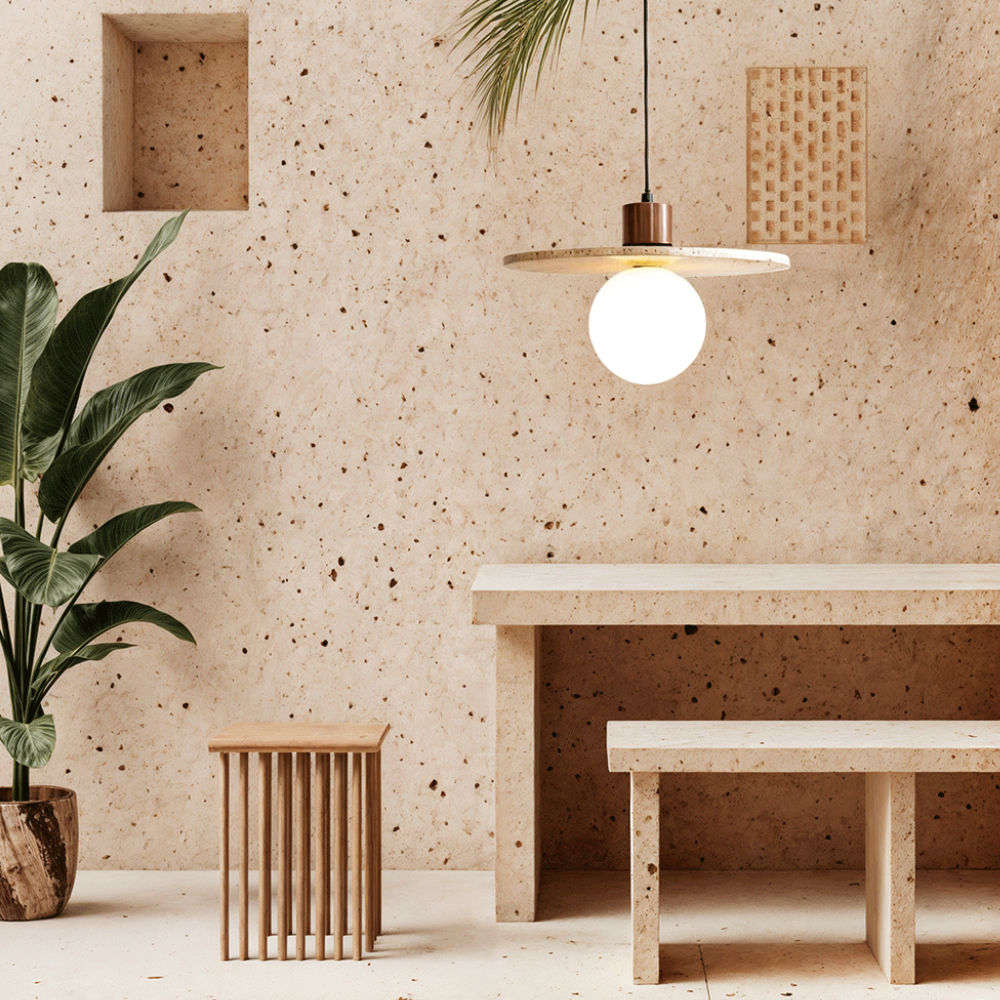 Wabi-Sabi Travertine Style Pendant Light with Solid Wood - Modern Earthy Decor