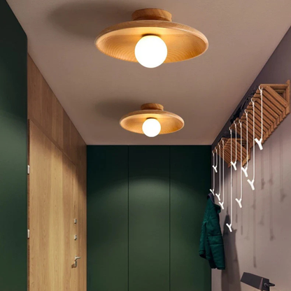 Flush Mount Ceiling Light with Wood Shade - Modern Scandinavian LED