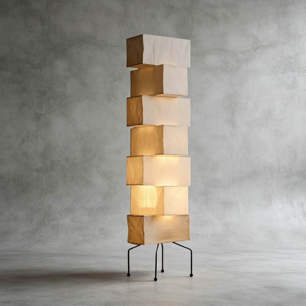 Floor Lamp with Stacked Staggered Rice Paper Lanterns and Metal Hairpin Legs