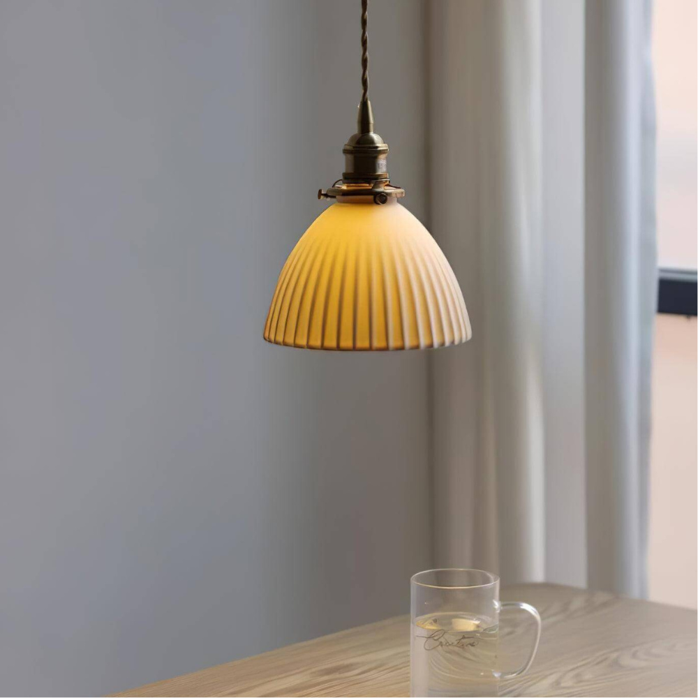 Ribbed Dome Hanging Lamp in White Ceramic - Scandinavian Style Decor