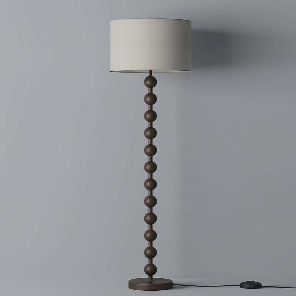 Floor Lamp with Stacked Wooden Spheres and Fabric Drum Shade