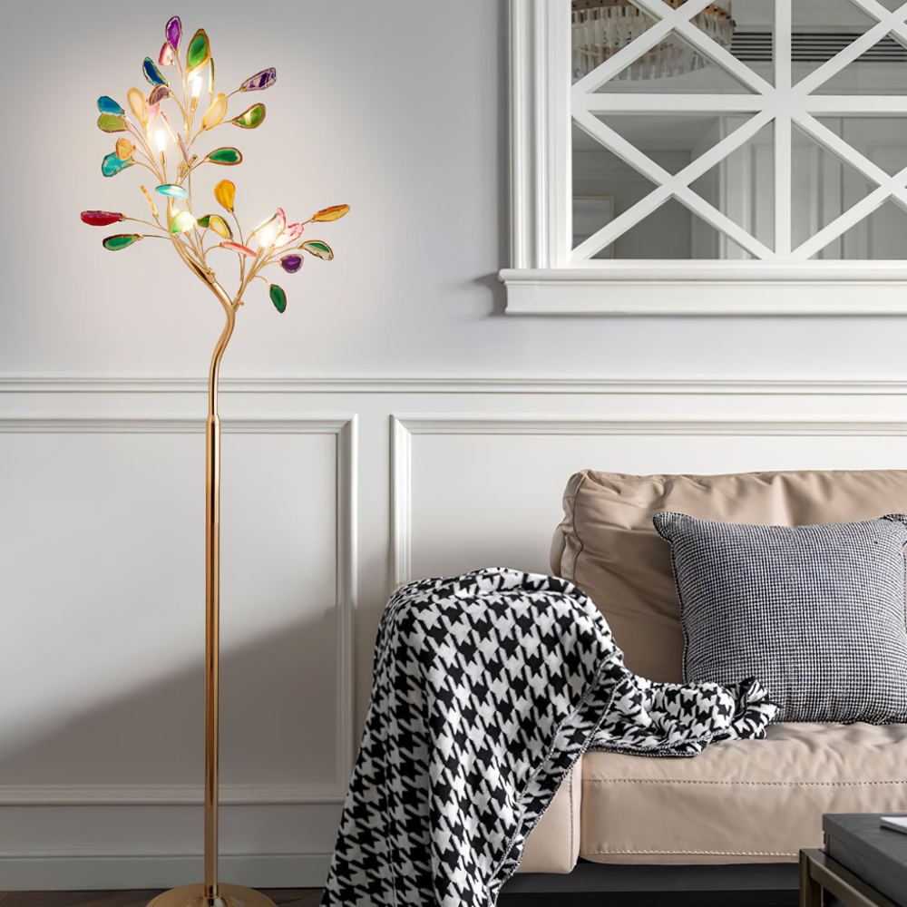 Floor Lamp with Natural Agate Stone Leaves and Metal Branching Frame