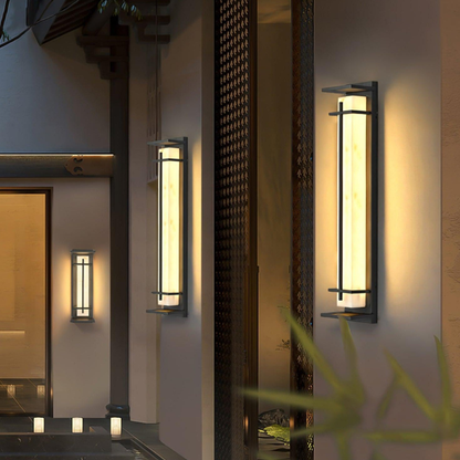 Outdoor LED Porch Lights with Faux Alabaster Column - Modern Mission