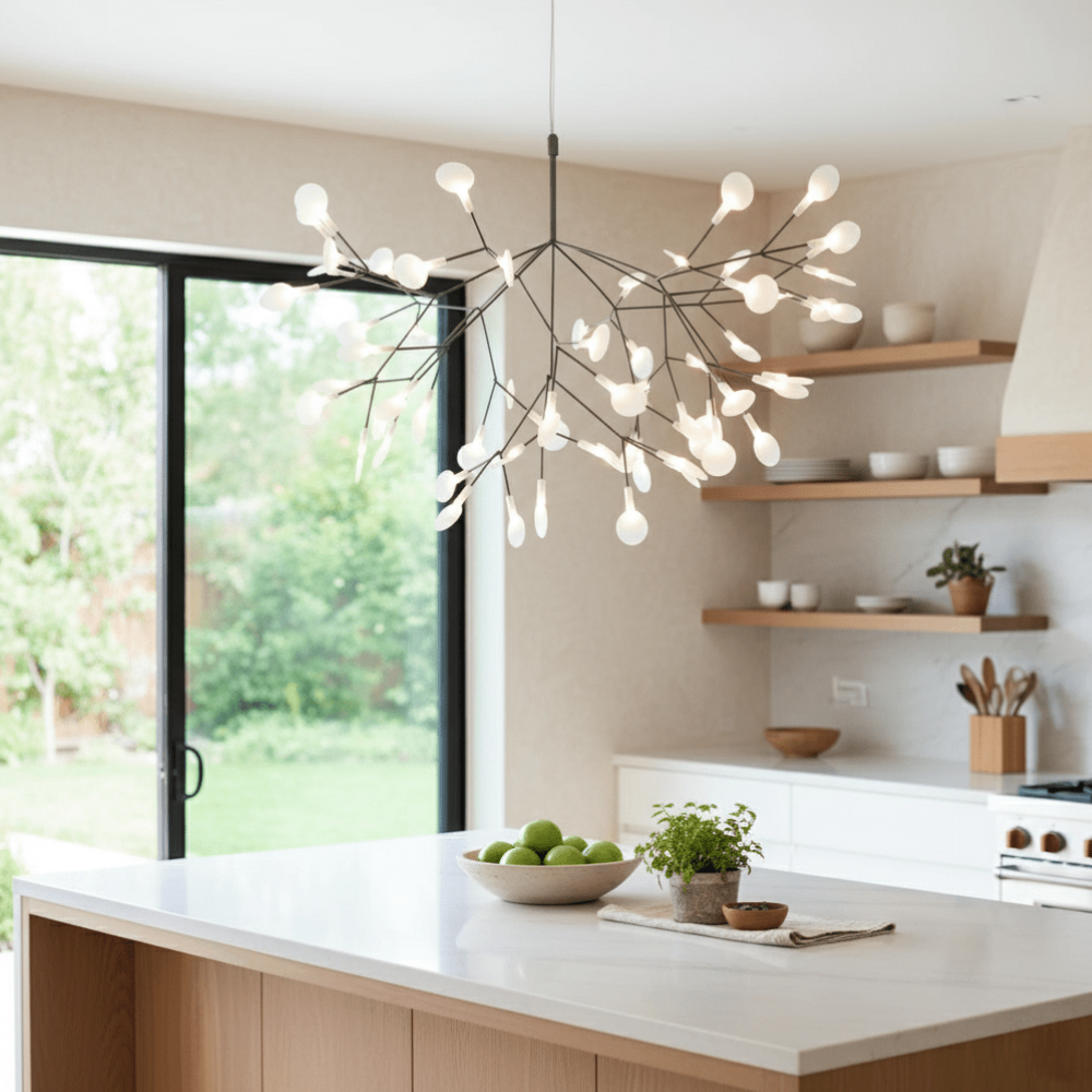 Sputnik Chandelier with Acrylic Firefly Leaves - Modern Botanical Light