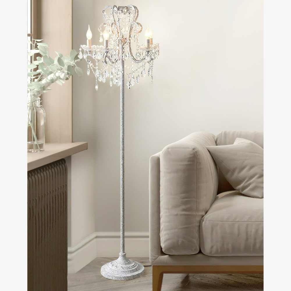 Dimmable Floor Lamp with Ornate Iron Scrollwork and Faceted Crystal Strands
