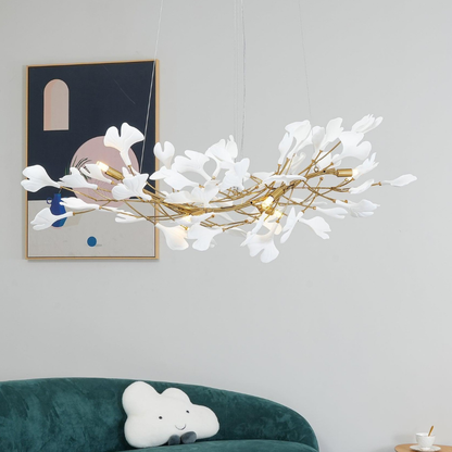 Sputnik Chandelier with Ceramic Ginkgo Leaves - Modern Art Deco