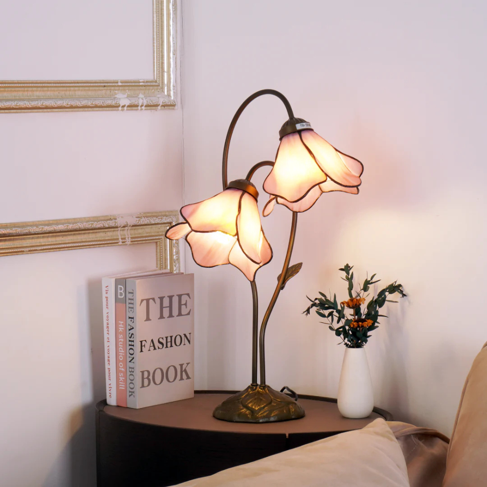 Table Lamp with Flower Glass Shades - Vintage Stained Glass Floral