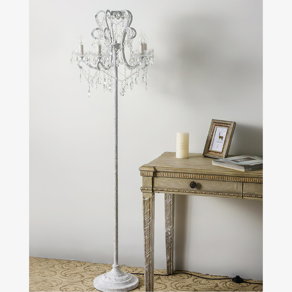 Dimmable Floor Lamp with Ornate Iron Scrollwork and Faceted Crystal Strands
