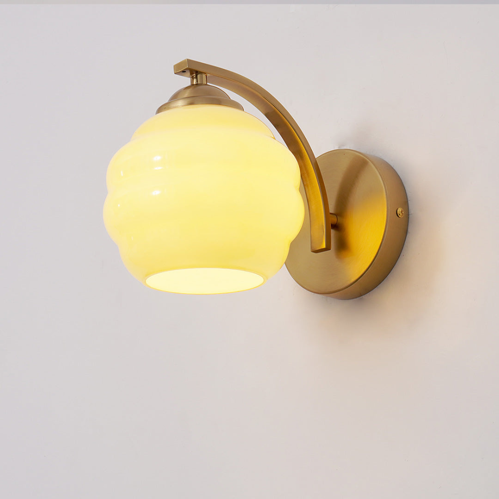 Wall Sconce with Ribbed Glass Globe - Modern Mid Century Gold