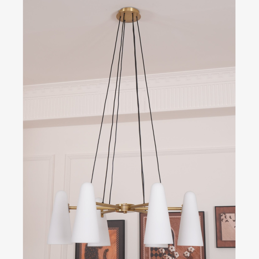 Chandelier with Conical Glass Shades and Metallic Frame - Modern Mid Century
