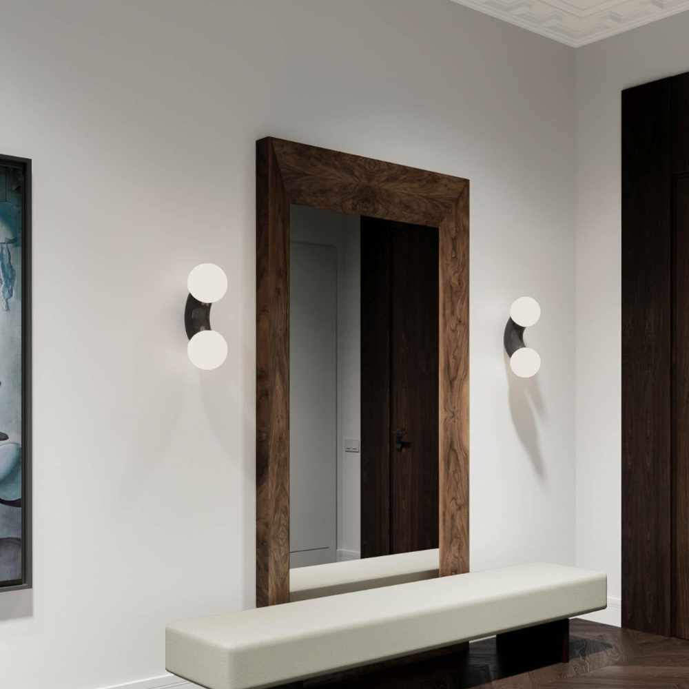 Modern Double Globe Arc Wall Sconce - Playful C-Shaped Orbital Light