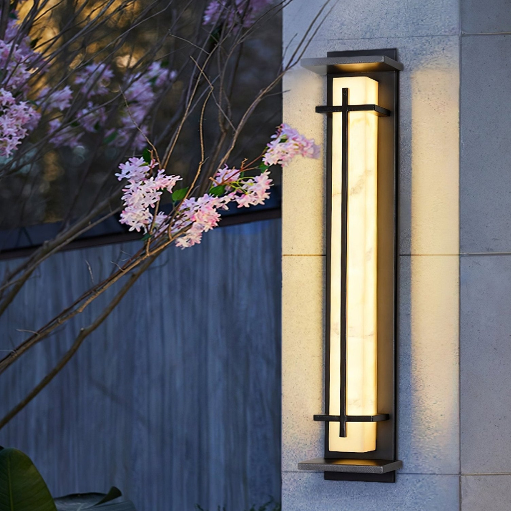 Outdoor LED Porch Lights with Faux Alabaster Column - Modern Mission