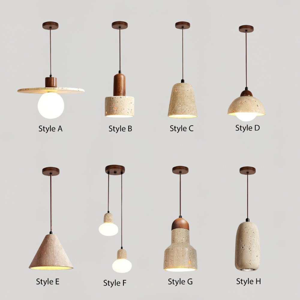 Wabi-Sabi Travertine Style Pendant Light with Solid Wood - Modern Earthy Decor