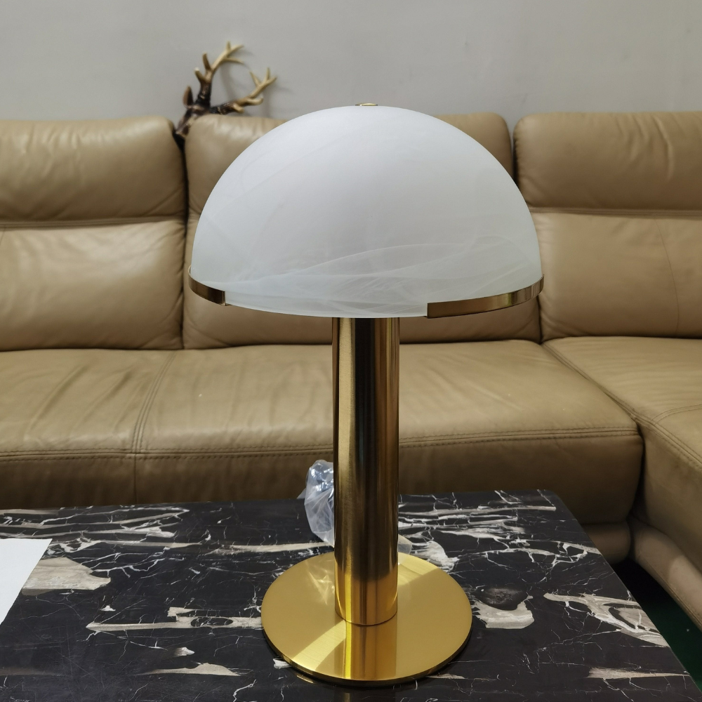 Glass and Alabaster Dome Table Lamp with Metal Base - Mid Century Modern