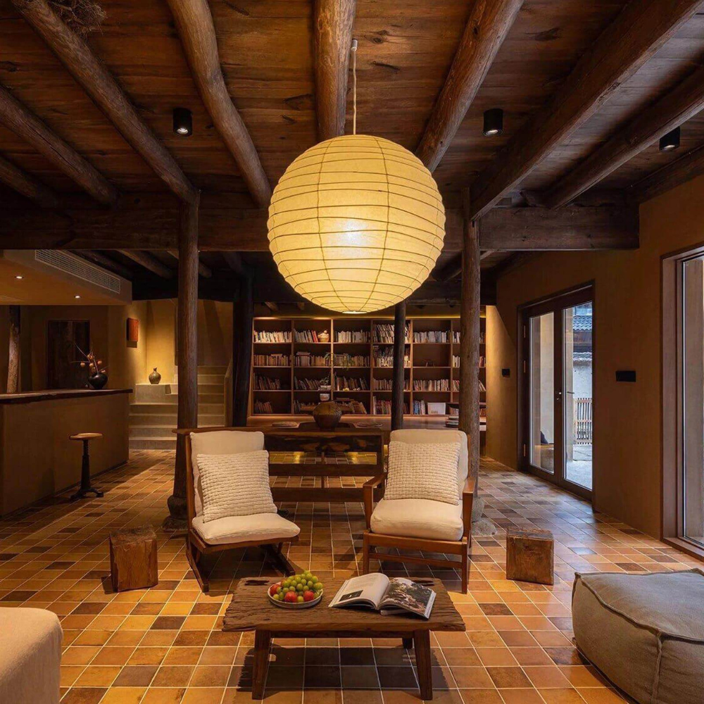 Spherical Ribbed Paper Hanging Fixture - Mid Century Modern Zen Style
