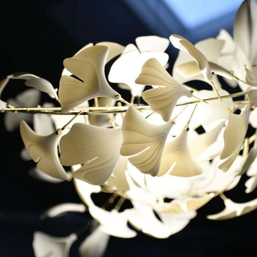 Sputnik Chandelier with Ceramic Ginkgo Leaves - Modern Art Deco