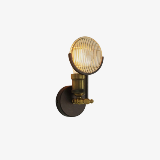 Industrial Wall Sconce with Fresnel Glass Lens - Vintage Ribbed Brass