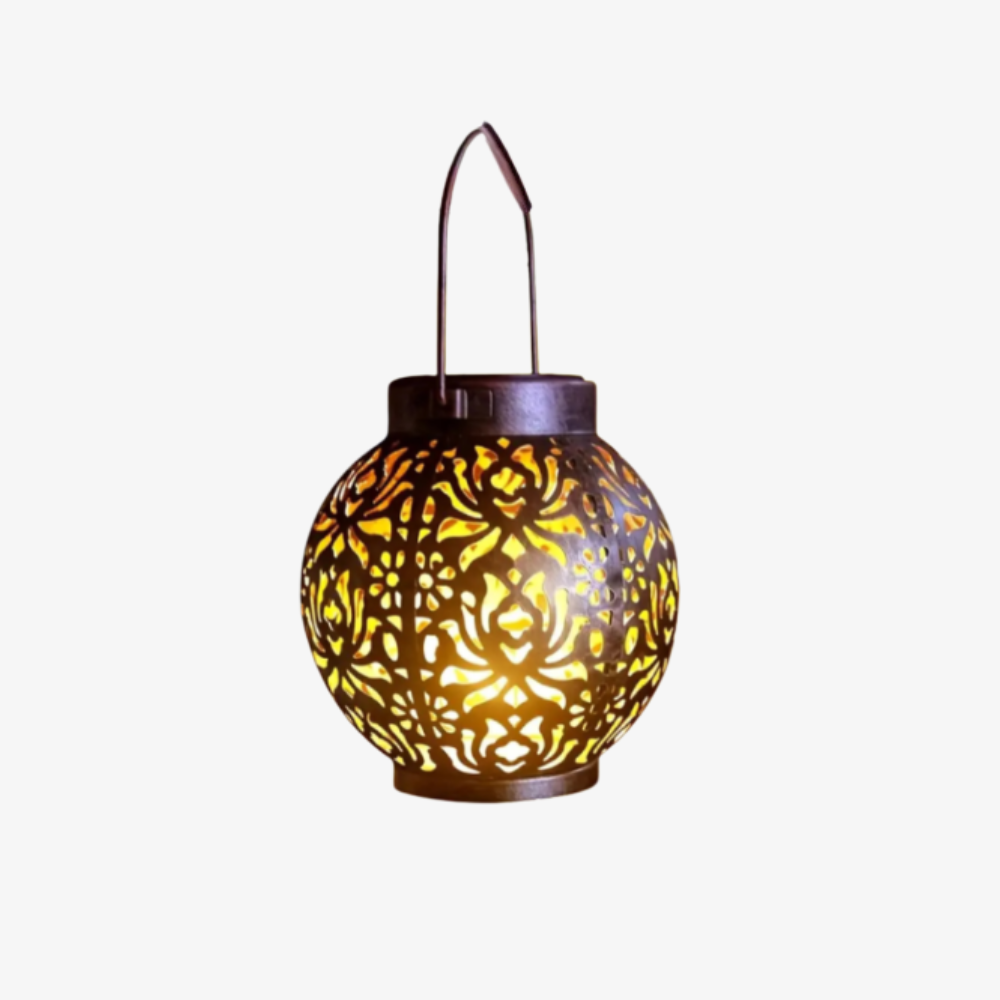 Solar Powered Lantern with Metal Floral Cutout Pattern - Boho Moroccan