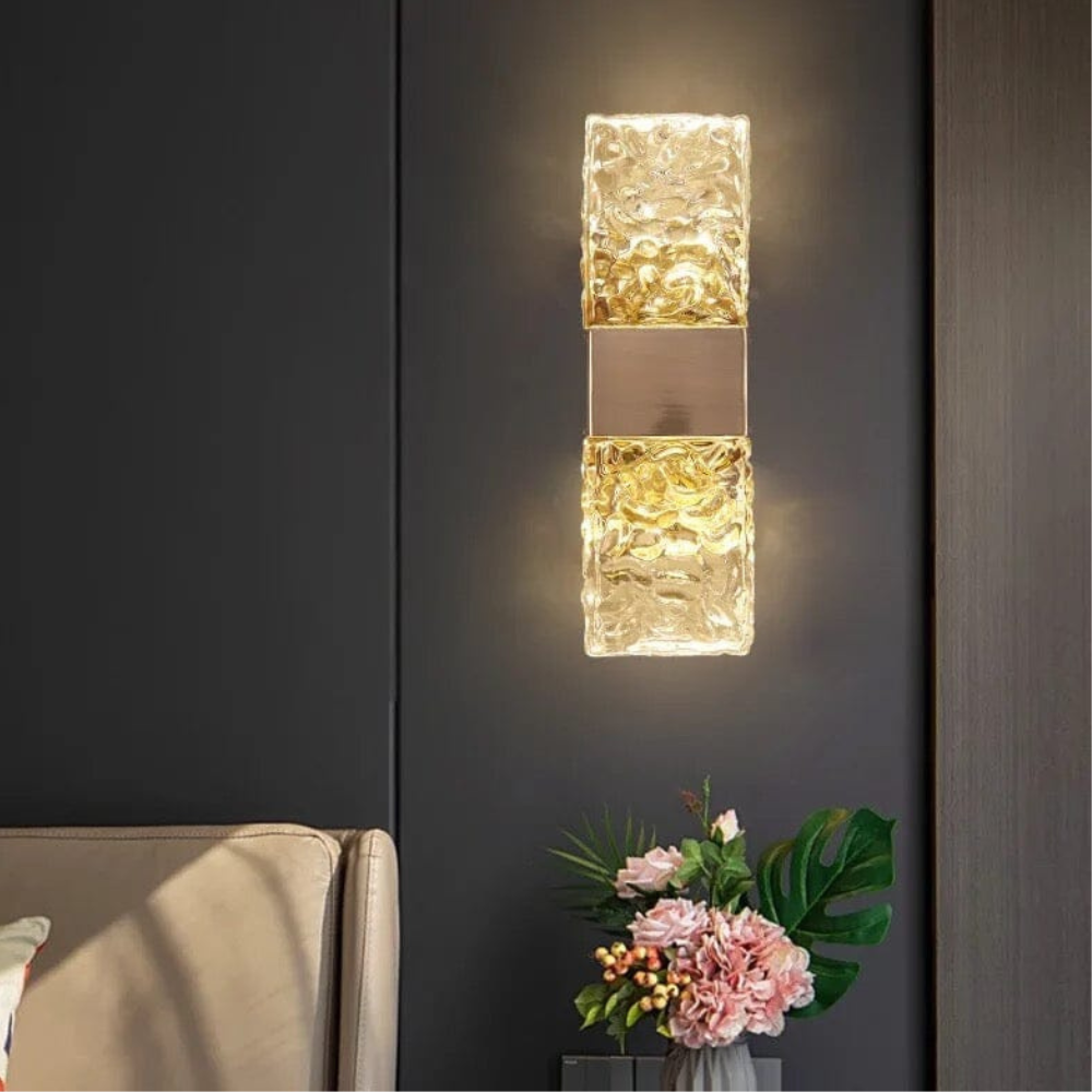 Art Deco Ripple Glass Wall Sconce - Dual Ice Crystal Block Light