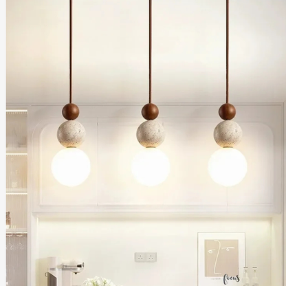 Wabi-Sabi Stacked Sphere Pendant Light - Travertine Stone, Wood, and Glass