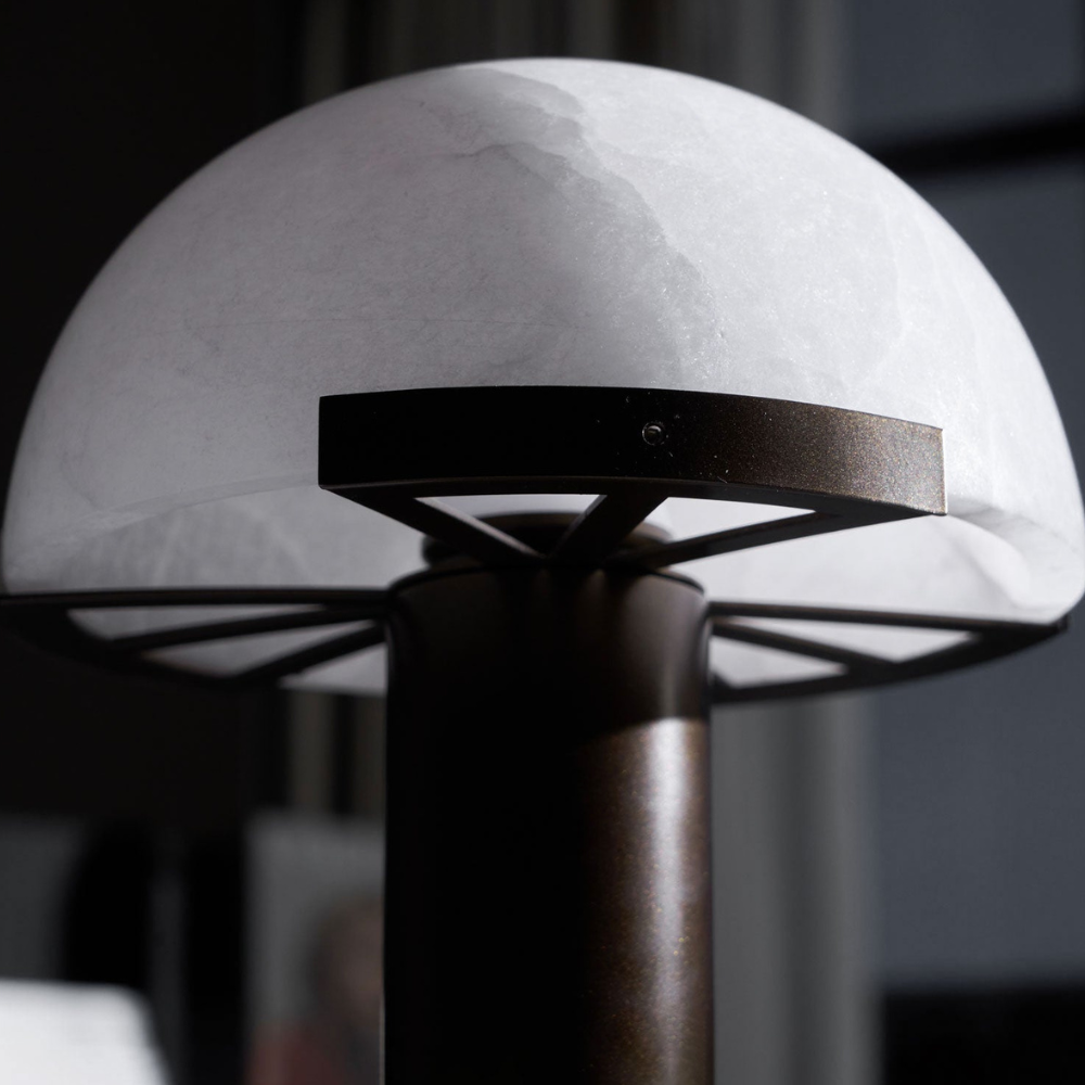 Glass and Alabaster Dome Table Lamp with Metal Base - Mid Century Modern