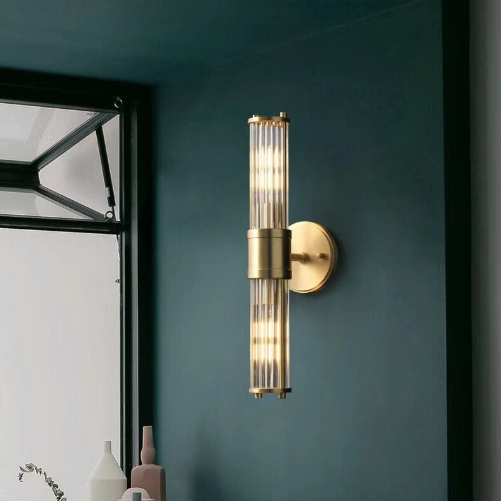 Wall Sconce with Fluted Glass Cylinders - Art Deco Mid Century Copper