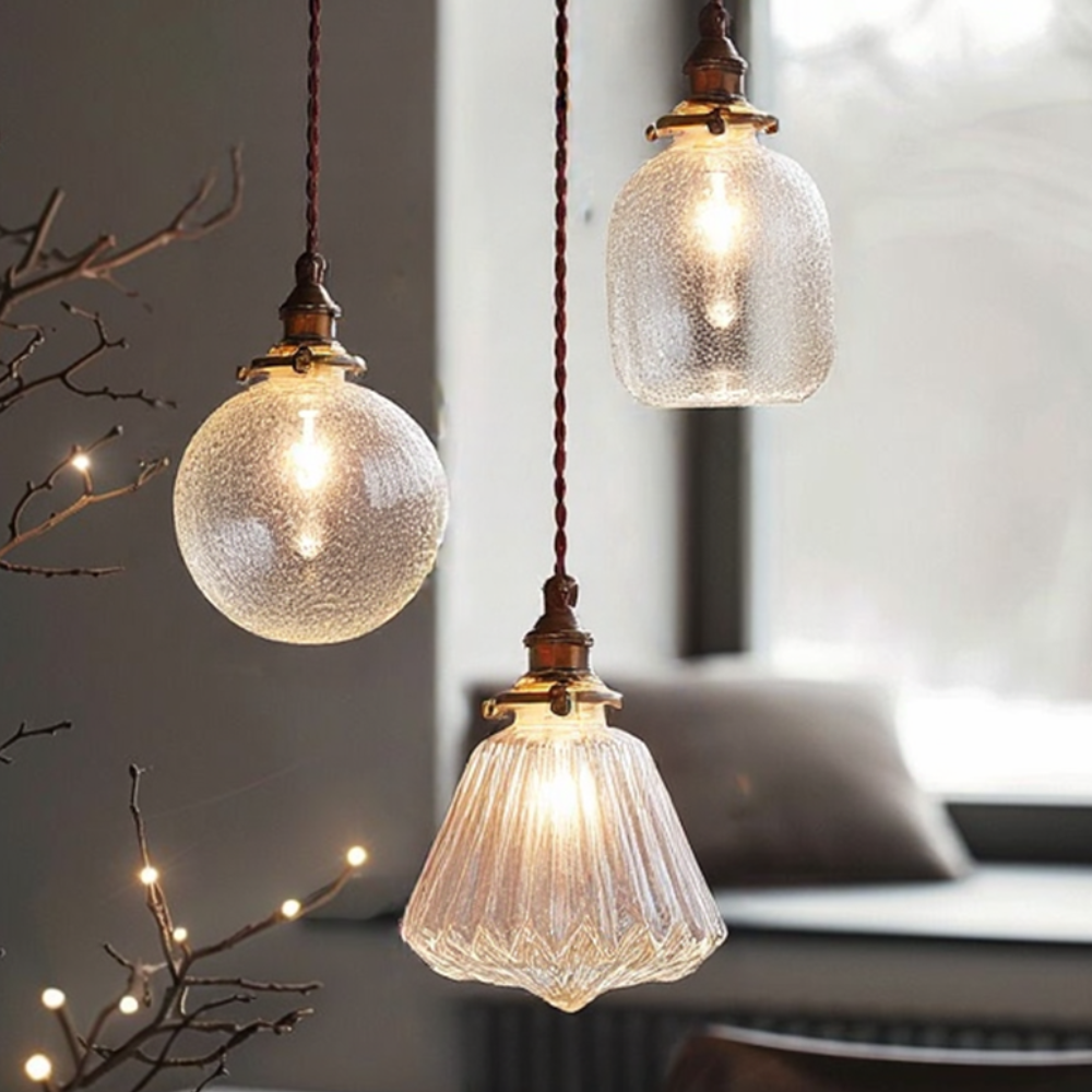 Hanging Ceiling Lamp with Rippled Crystal Glass - Retro Industrial