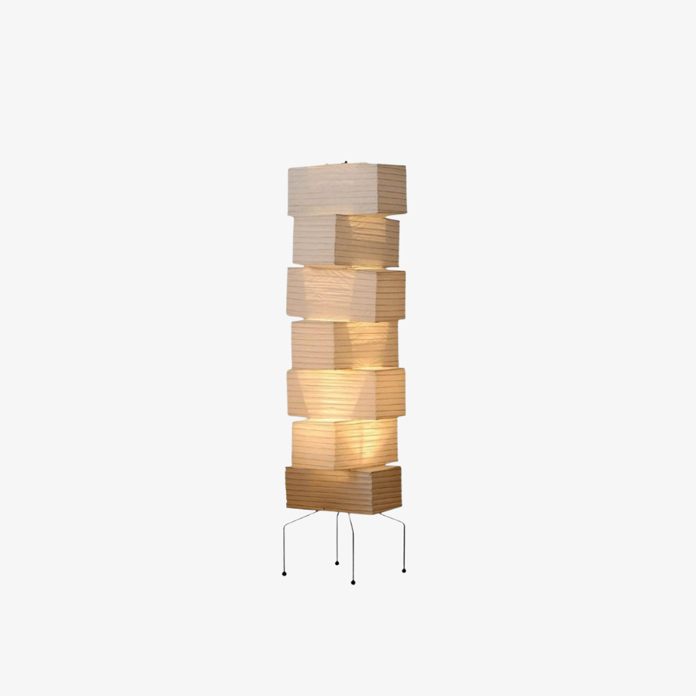 Floor Lamp with Stacked Staggered Rice Paper Lanterns and Metal Hairpin Legs
